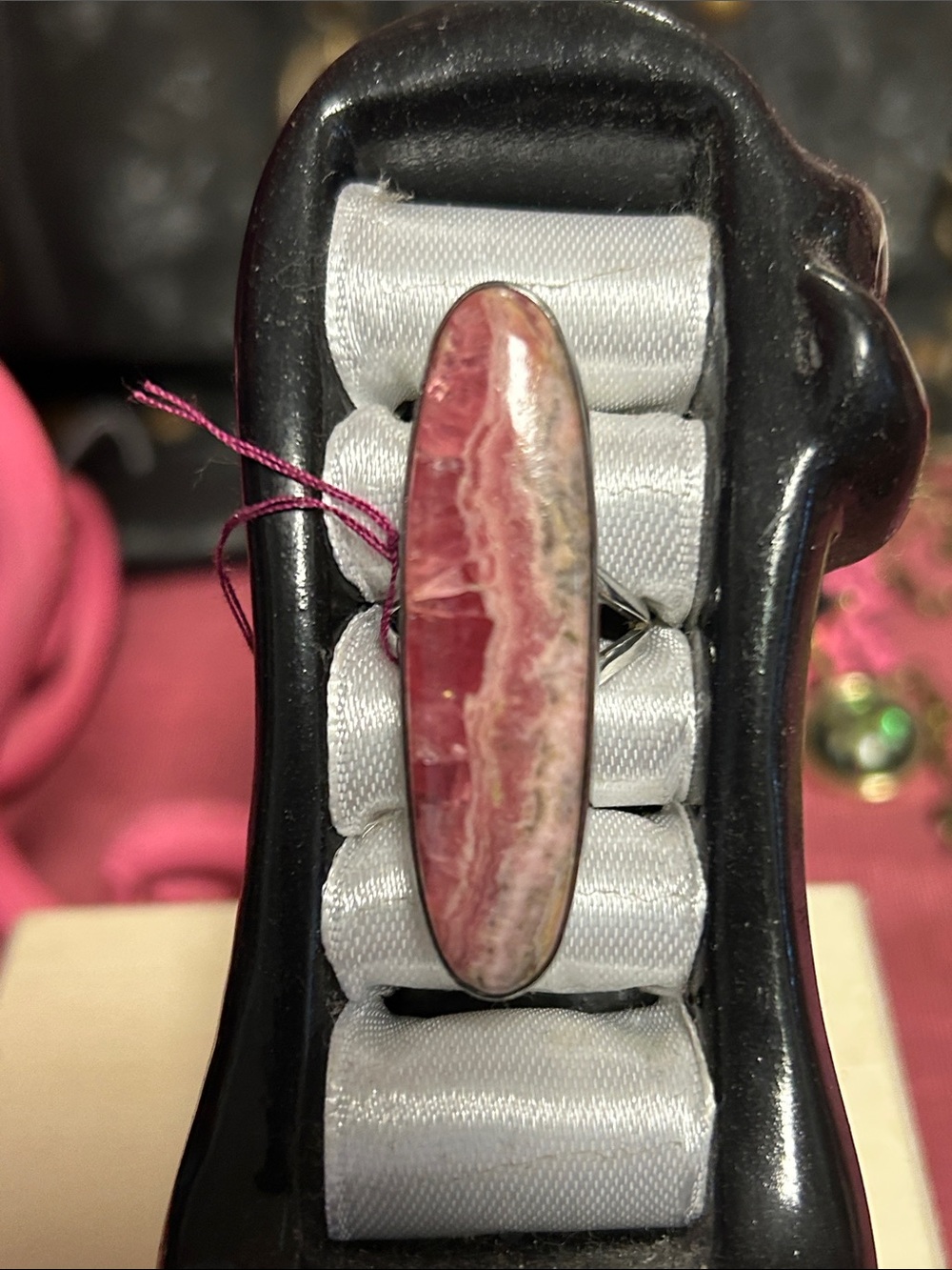 Pink Rhodochrosite Oval Statement Ring size 6.5 Sterling engraved in band